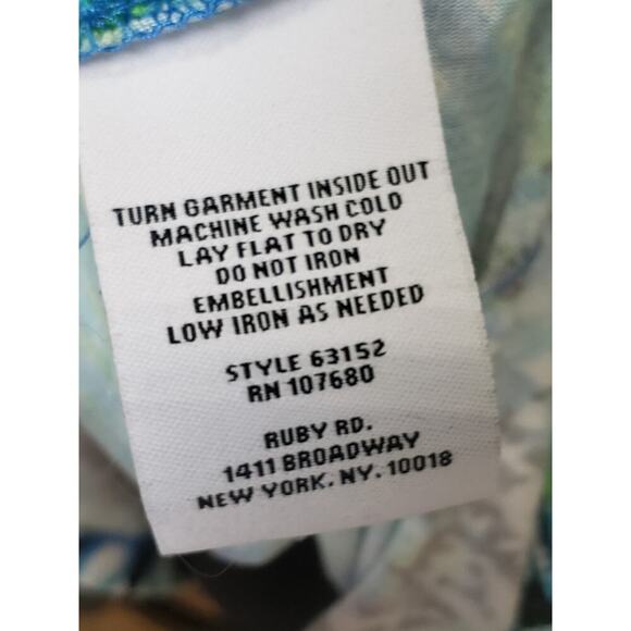 Ruby Rd. Blouse Top Womens XL White Blue Palm Leafs Side Slit Keyhole Round Neck - Picture 6 of 13